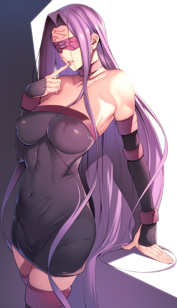 1girl bangs bare_shoulders black_dress blindfold breasts collarbone covered_navel detached_collar detached_sleeves dress facial_mark fate/stay_night fate_(series) finger_to_mouth forehead forehead_mark hair_intakes large_breasts long_hair nanao_(mahaya) parted_bangs parted_lips purple_hair purple_legwear rider short_dress simple_background solo strapless strapless_dress thighs very_long_hair white_background