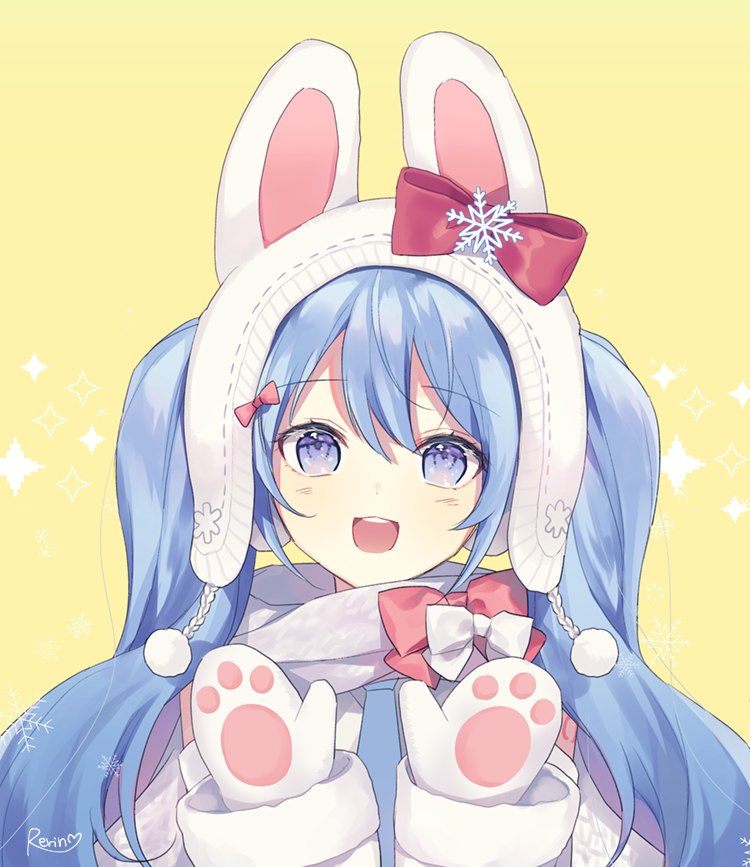 1girl :d animal_ears animal_hat bangs beanie blue_eyes blue_hair blush bow bunny_hat commentary earmuffs english_commentary eyebrows_visible_through_hair hair_between_eyes hands_up hat hatsune_miku head_tilt jacket long_hair long_sleeves mittens open_mouth rabbit_ears red_bow round_teeth silltare smile snowflakes solo sparkle teeth twintails twitter_username upper_body upper_teeth vocaloid white_hat white_jacket white_mittens yellow_background yuki_miku
