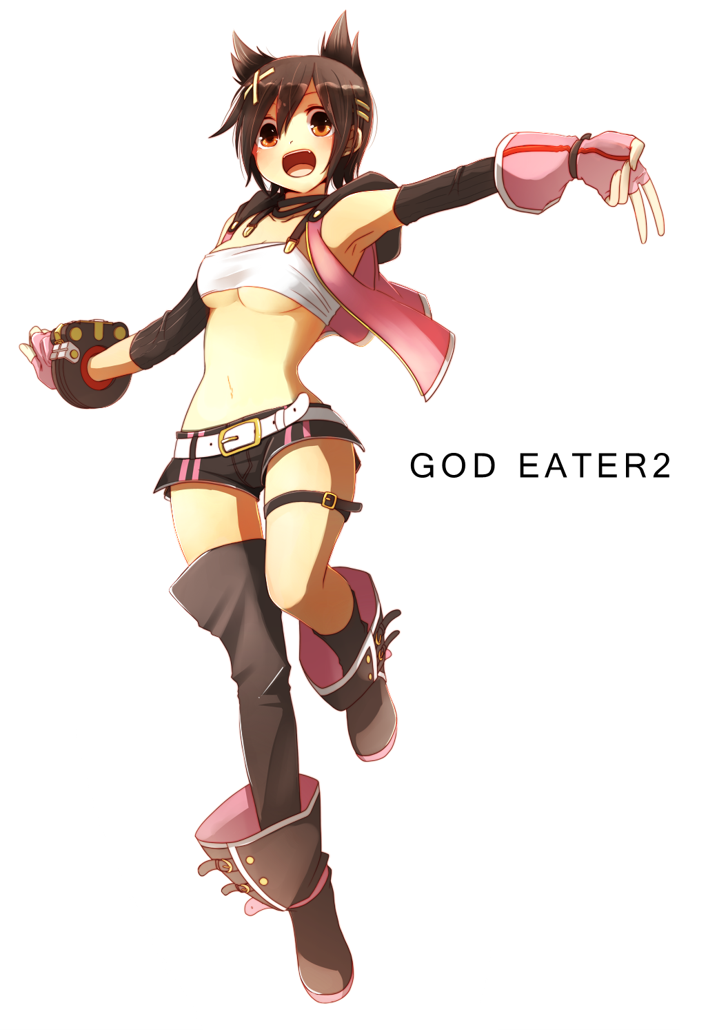 1girl :d animal_ears asymmetrical_legwear belt black_footwear black_hair black_legwear black_shorts black_sleeves bra breasts brown_eyes cat_ears copyright_name detached_sleeves fingerless_gloves gloves god_eater god_eater_2:_rage_burst hair_between_eyes hair_ornament highres jewelry kabocha_(conoa122a) kouzuki_nana medium_breasts midriff navel necklace open_mouth outstretched_arms pink_gloves short_shorts shorts simple_background smile solo stomach thigh-highs under_boob underwear v white_background white_bra x_hair_ornament