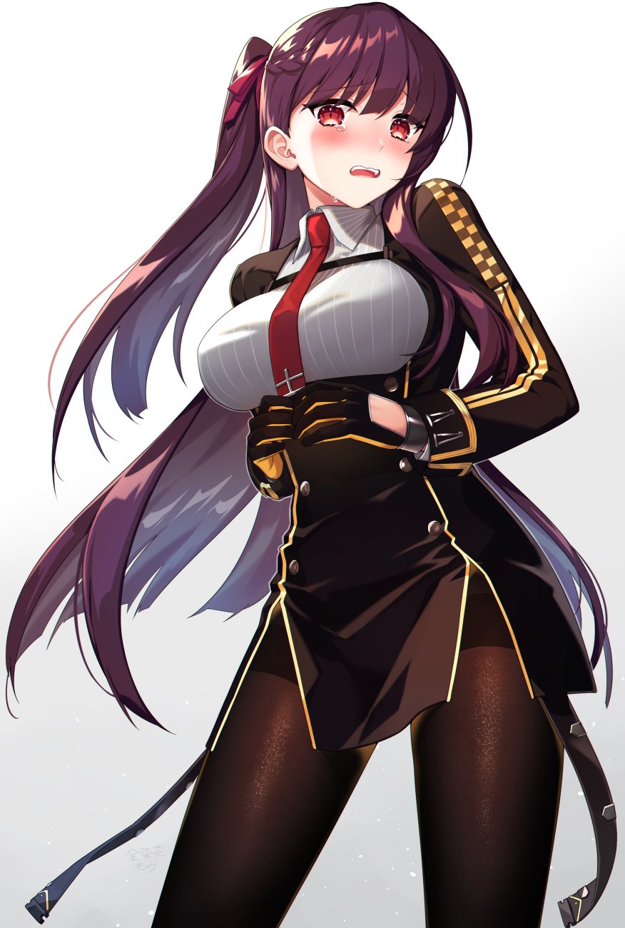 1girl bangs black_legwear black_skirt blazer blush braid breasts collared_shirt crying crying_with_eyes_open eyebrows_visible_through_hair framed_breasts french_braid girls_frontline gloves hair_ribbon half_updo hands_together high-waist_skirt highres jacket kinsenka_momi large_breasts long_hair looking_at_viewer necktie one_side_up open_mouth pantyhose pelvic_curtain purple_hair red_eyes red_neckwear red_ribbon ribbon shirt sidelocks simple_background skirt solo tears thighband_pantyhose very_long_hair wa2000_(girls_frontline)