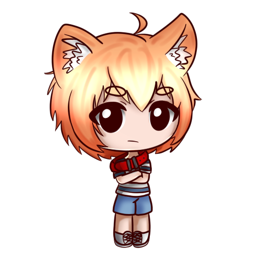 1boy ahoge animal_ears arms_crossed bean_brows black_eyes cat_boy cat_ears cat_tail chibi collar frown grumpy kemonomimi_mode maine_coon male moonpalette oliver_(sinamuna) orange_hair original personification shorts sneakers solo striped_shirt tail