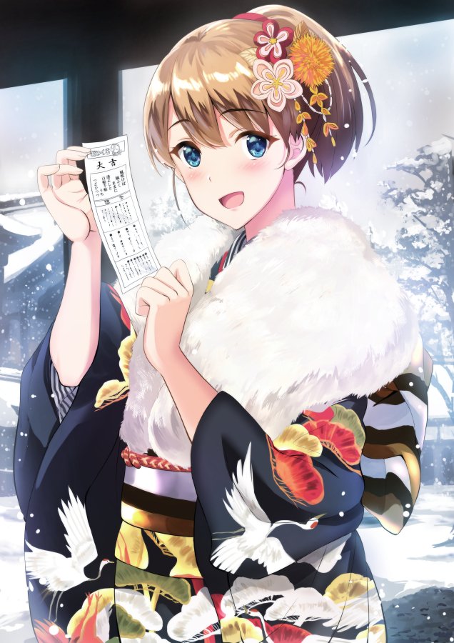 1girl alternate_costume animal_print bird_print blue_eyes blue_kimono blush brown_hair floral_print flower fur_trim hair_flower hair_ornament intrepid_(kantai_collection) japanese_clothes kantai_collection kimono kyougoku_shin looking_at_viewer medium_hair obi open_mouth outdoors ponytail sash shiny shiny_hair snow solo tied_hair translated upper_body white_sky wide_sleeves winter