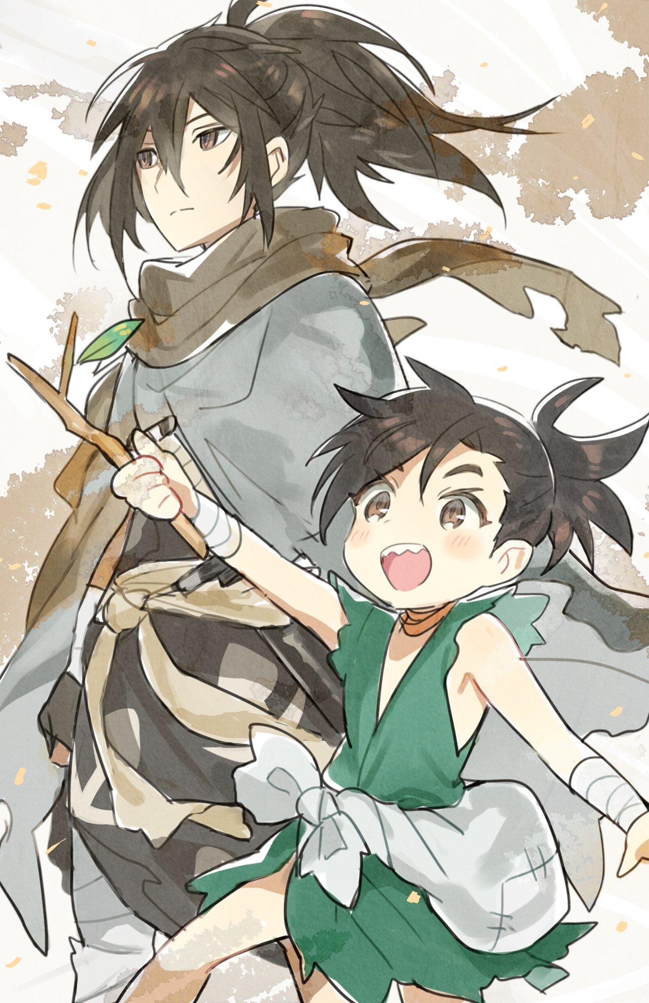 2boys bandage brown_eyes brown_hair cloak dororo_(character) dororo_(tezuka) highres hyakkimaru_(dororo) japanese_clothes kanyoko_(yuzukano_17) male_focus multiple_boys sack sharp_teeth sheath sheathed short_ponytail simple_background stick sword teeth walking weapon white_background