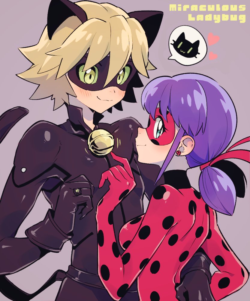 1boy 1girl adrien_agreste animal_ears bell black_gloves blonde_hair blue_hair cat_ears cat_tail chat_noir copyright_name domino_mask earrings enotou_(enotou_moi) fake_animal_ears fake_tail flipped_hair gloves jewelry jingle_bell ladybug_(character) looking_at_viewer marinette_dupain-cheng mask miraculous_ladybug polka_dot ring superhero tail twintails