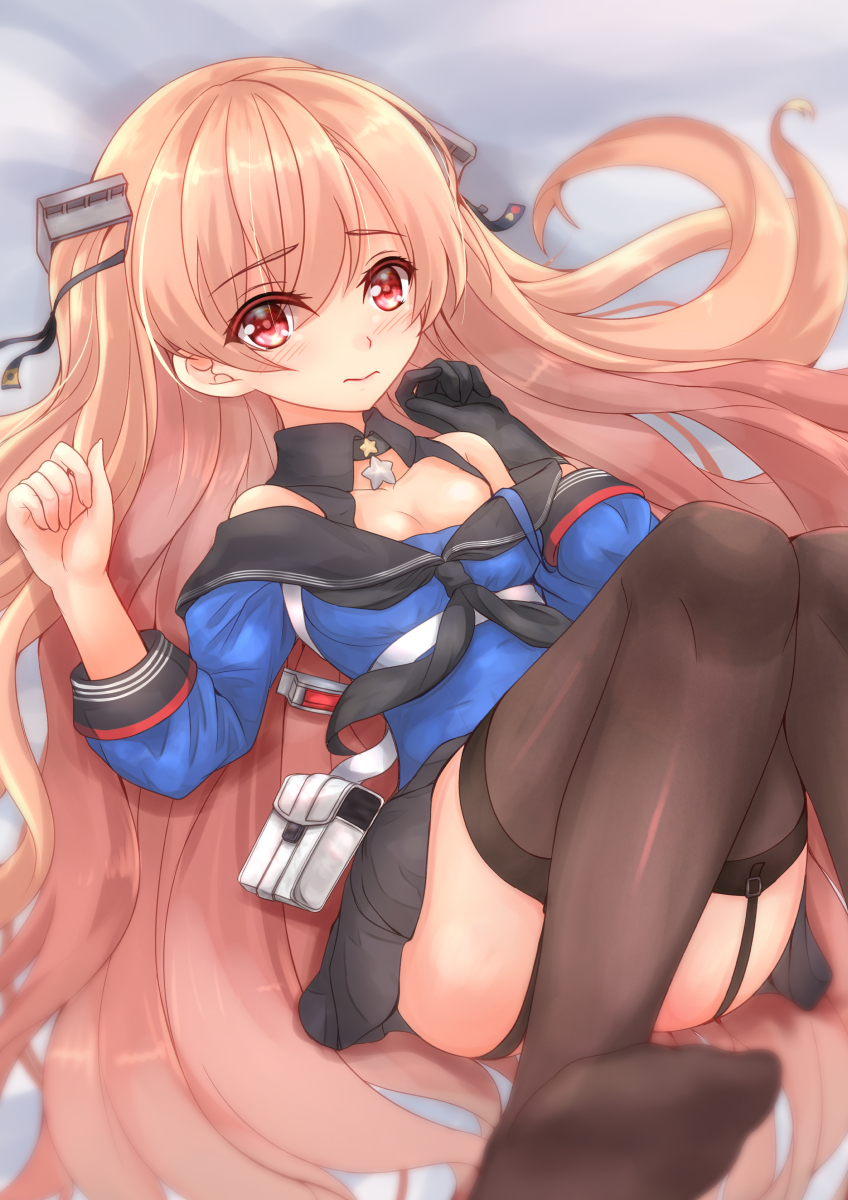 1girl ayamiyuki black_legwear black_skirt blue_shirt blush breasts cleavage eyebrows_visible_through_hair hair_between_eyes hair_ornament highres johnston_(kantai_collection) kantai_collection light_brown_hair long_hair lying off_shoulder on_back pleated_skirt red_eyes sailor_collar school_uniform serafuku shirt skirt solo thigh-highs twintails us_medal_of_honor very_long_hair