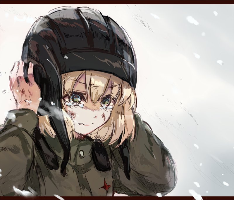 bangs black_hat blizzard blonde_hair blue_eyes closed_mouth commentary dirty_face eyebrows_visible_through_hair frown girls_und_panzer green_jumpsuit hands_on_headwear hat katyusha letterboxed long_sleeves pravda_military_uniform short_hair sketch snow tank_helmet tearing_up upper_body yuuyu_(777)