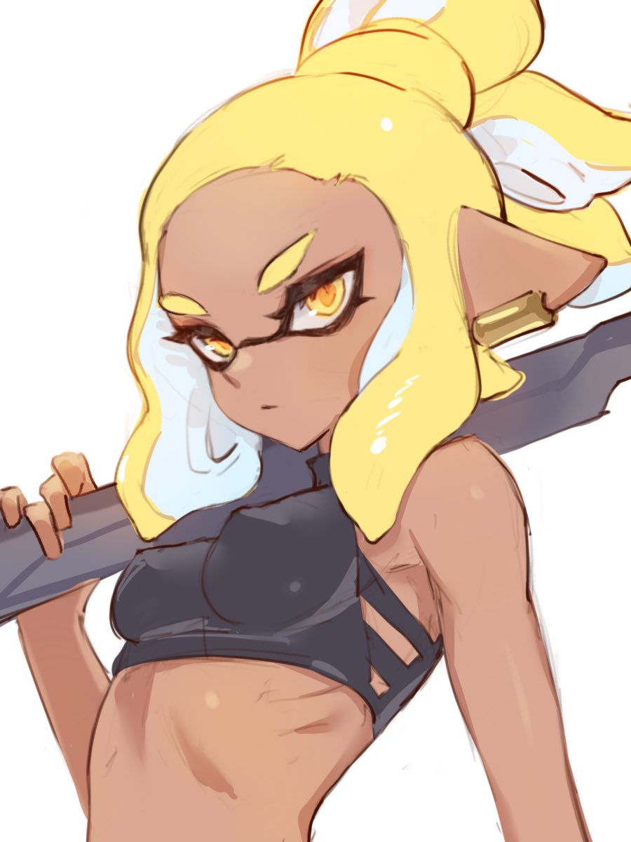 1girl bare_shoulders blonde_hair breasts closed_mouth dark_skin domino_mask earrings erect_nipples highres inkling jewelry jtveemo mask medium_hair midriff nintendo over_shoulder pointy_ears simple_background small_breasts solo splatoon splatoon_(series) splatoon_2 suction_cups tentacle_hair upper_body white_background yellow_eyes