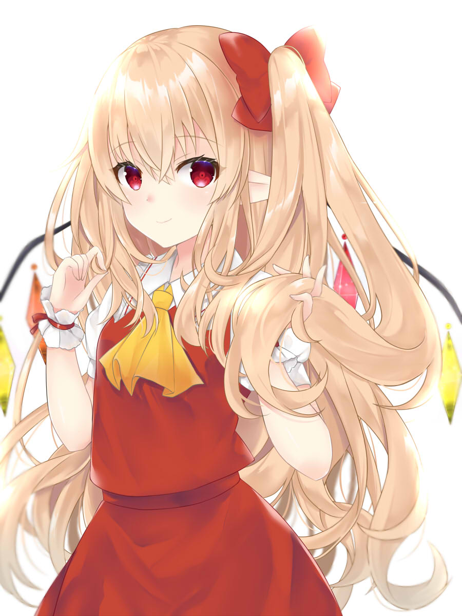 1girl alternate_hair_length alternate_hairstyle ascot bangs blonde_hair blush bow commentary_request cowboy_shot crystal eyebrows_visible_through_hair flandre_scarlet hair_between_eyes hair_bow hands_up highres long_hair looking_at_viewer no_hat no_headwear one_side_up pointy_ears puffy_short_sleeves puffy_sleeves red_bow red_eyes red_skirt red_vest shirt short_sleeves simple_background skirt skirt_set smile solo tosakaoil touhou very_long_hair vest white_background white_shirt wings wrist_cuffs yellow_neckwear