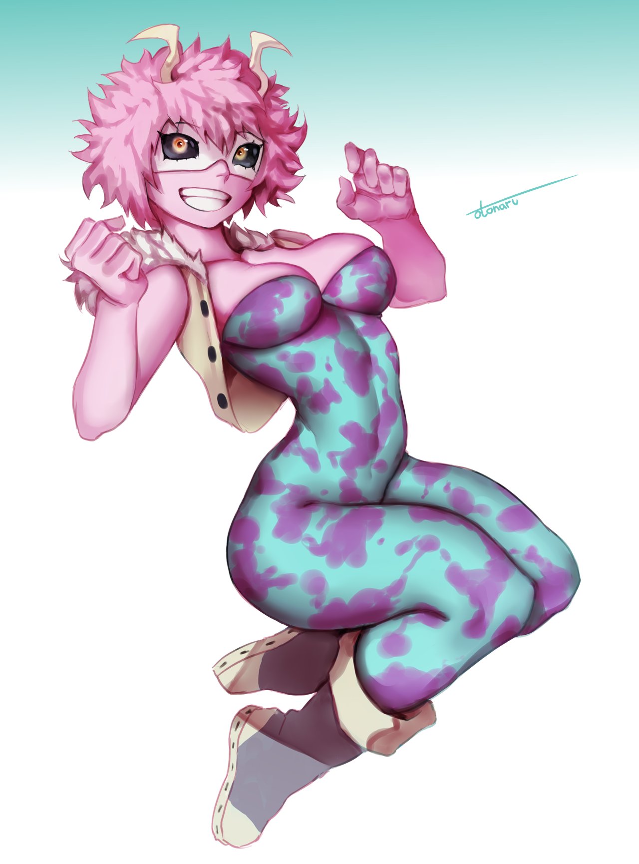 1girl artist_name ashido_mina black_sclera bodysuit boku_no_hero_academia cropped_jacket fur_trim grin highres horns mask otonaru pink_hair pink_skin short_hair simple_background smile solo yellow_eyes