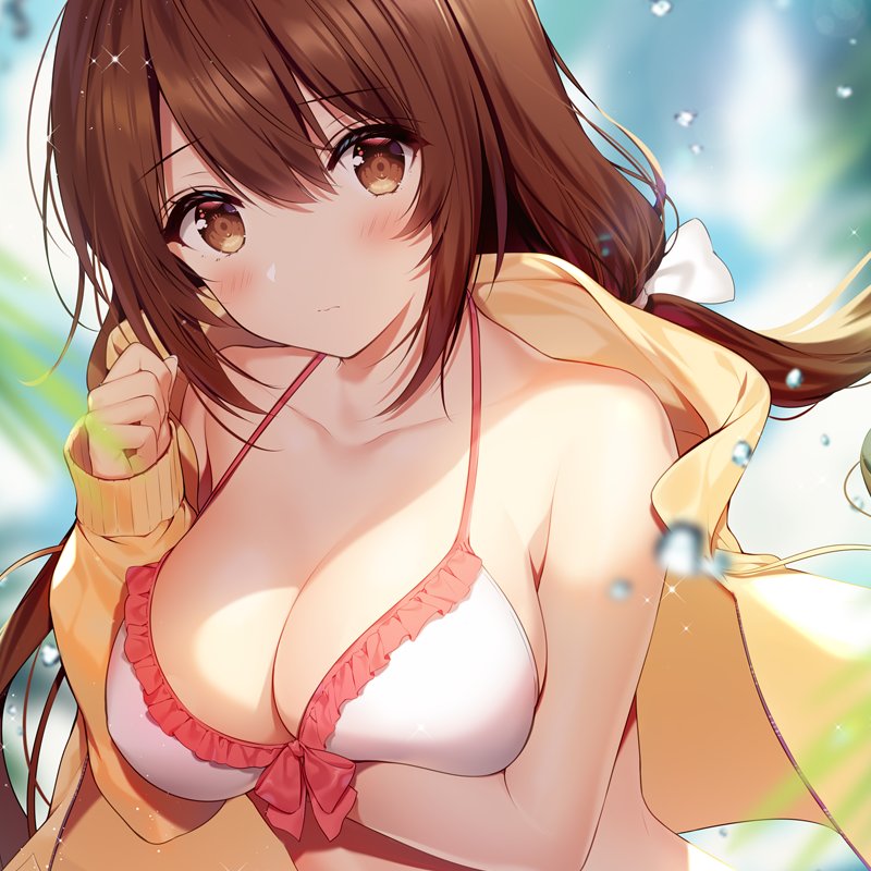 1girl arm_under_breasts bangs bare_shoulders blue_sky blurry blurry_background blush breasts brown_eyes brown_hair cleavage closed_mouth clouds collarbone day hair_between_eyes hand_up large_breasts long_hair looking_at_viewer necomi off_shoulder open_parka outdoors parka sidelocks sky smile solo yumina_kisaragi