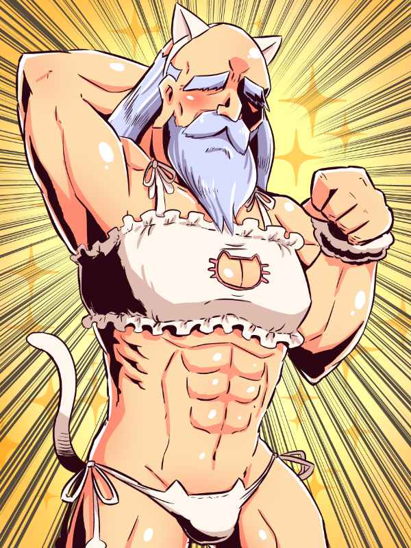 1boy abs animal_ears arm_up bare_shoulders beard bra cat_cutout cat_ear_panties cat_ears cat_lingerie cat_tail catboy cleavage_cutout crossdressinging emphasis_lines facial_hair facing_viewer fake_animal_ears frilled_bra frills groin hand_behind_head hand_up head_tilt male_focus meme_attire monk_(sekaiju) muscle mustache naga_u old_man panties sekaiju_no_meikyuu sekaiju_no_meikyuu_3 side-tie_panties silver_hair solo sparkle_background tail tail_raised thick_eyebrows underwear underwear_only white_bra white_panties yellow_background