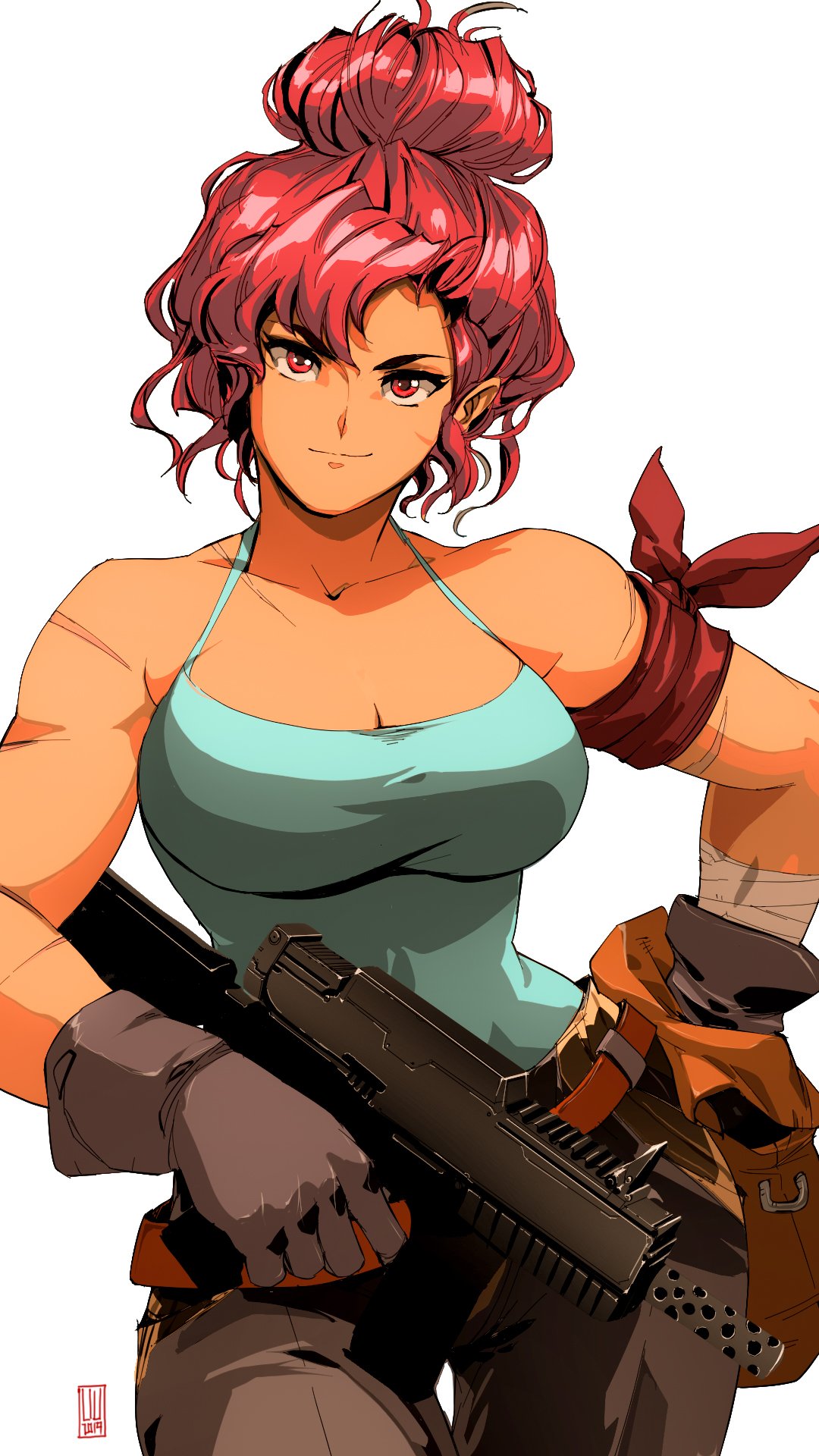 1girl 90s armband bare_shoulders belt_pouch breasts camisole cleavage colorized commentary curvy dark_skin david_liu english_commentary eyebrows gun hair_bun hand_on_hip head_tilt highres holding holding_gun holding_weapon large_breasts light_smile looking_at_viewer maria_(space_maria) pants pouch red_eyes redhead revision scar short_hair smile solo space_maria submachine_gun thigh_gap toned updo weapon white_background wide_hips