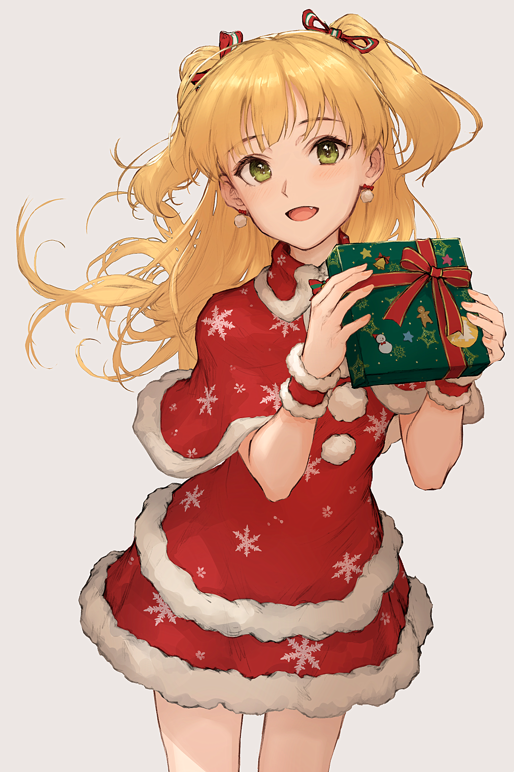 1girl bangs blonde_hair blush bow box capelet christmas christmas_dress cowboy_shot dress earrings eyebrows_visible_through_hair fang floating_hair fur-trimmed_dress fur_trim gift gift_box giving green_eyes grey_background hair_ribbon head_tilt highres holding holding_gift idolmaster idolmaster_cinderella_girls incoming_gift jewelry jougasaki_rika kouzuki_kei layered_dress long_hair looking_at_viewer open_mouth red_dress ribbon santa_costume simple_background smile snowflake_print solo symbol_commentary two_side_up wristband