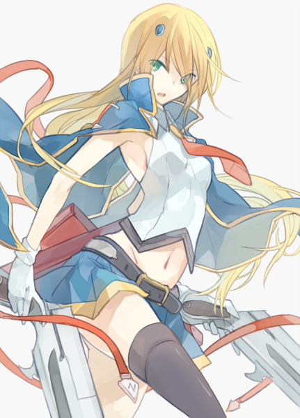 1girl black_legwear blazblue blonde_hair blue_cape blue_skirt breasts cape floating_hair gloves green_eyes grey_background groin gun hair_ornament holding holding_gun holding_weapon long_hair midriff miniskirt navel necktie noel_vermillion open_mouth pleated_skirt red_neckwear shiny shiny_clothes shirt shrie sideboob simple_background single_thighhigh skirt sleeveless sleeveless_shirt small_breasts solo standing stomach thigh-highs very_long_hair weapon white_gloves white_shirt