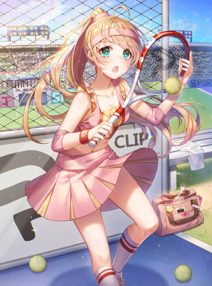 1girl :o ahoge aqua_eyes bag ball bangs bare_shoulders bench blonde_hair blue_sky blush bottle breasts chain-link_fence clouds collarbone commentary crop_top day eyebrows_visible_through_hair fence floating_hair headband holding kneehighs long_hair looking_at_viewer medium_breasts midriff miniskirt navel open_mouth original outdoors pink_shirt pink_skirt pleated_skirt ponytail racket rainbow roang shadow shirt shoes sidelocks skirt sky sleeveless sleeveless_shirt sneakers solo sportswear sweat tennis tennis_ball tennis_racket tennis_uniform towel very_long_hair water_bottle white_legwear wind wind_lift wristband