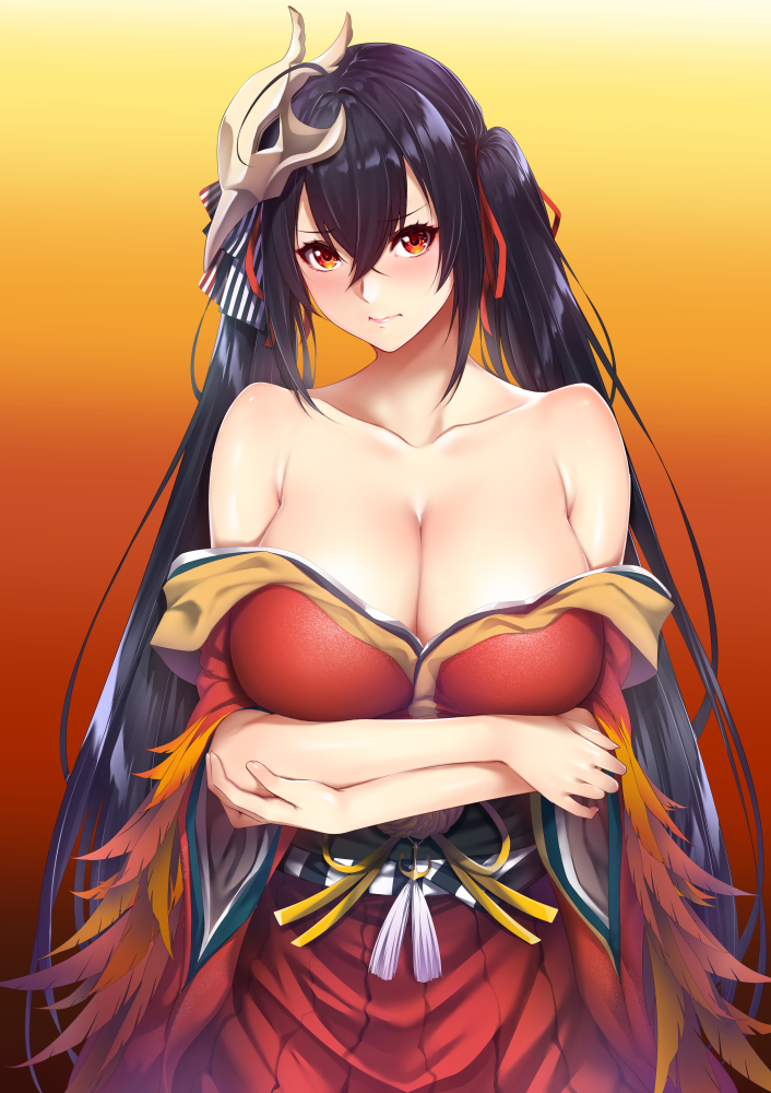 1girl ahoge arms_under_breasts azur_lane bangs bare_shoulders black_hair blush breast_hold breasts cleavage closed_mouth collarbone crossed_arms crossed_bangs eyebrows_visible_through_hair eyelashes fantia_reward feathers fingernails frown hair_between_eyes hair_ornament hair_ribbon japanese_clothes kimono large_breasts long_fingernails long_hair long_sleeves looking_at_viewer mask mask_on_head no_bra orange_eyes paid_reward red_eyes red_kimono red_ribbon ribbon sash sidelocks solo standing striped striped_ribbon taihou_(azur_lane) teeth twintails upper_body very_long_hair wide_sleeves zucchini