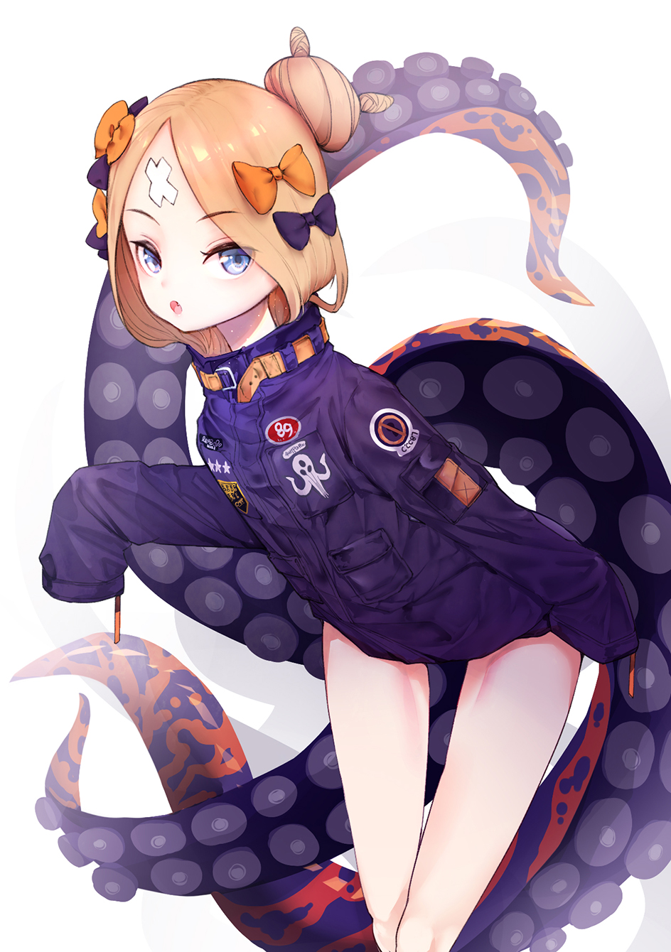 1girl :o abigail_williams_(fate/grand_order) bangs belt black_bow blonde_hair blue_eyes blush bow crossed_bandaids eyebrows_visible_through_hair fang fate/grand_order fate_(series) hair_bow hair_bun heroic_spirit_traveling_outfit highres jacket long_hair long_sleeves looking_at_viewer orange_bow parted_bangs purple_jacket simple_background sleeves_past_fingers sleeves_past_wrists solo spinuo standing suction_cups tentacle white_background