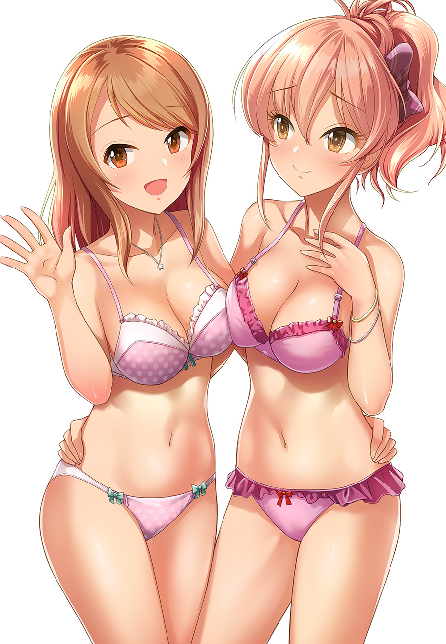 2girls bangs bare_shoulders blush bow bra breasts brown_eyes closed_mouth collarbone eyelashes hair_between_eyes hair_bow highres hips houjou_karen idolmaster idolmaster_cinderella_girls jewelry jougasaki_mika kazu long_hair medium_breasts multiple_girls navel necklace open_mouth orange_hair panties pink_bra pink_hair pink_panties polka_dot polka_dot_bra polka_dot_panties ponytail sidelocks simple_background smile swept_bangs thighs underwear waving white_background yellow_eyes