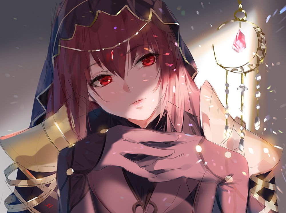 1girl bangs bodysuit breasts circlet eyebrows_visible_through_hair fate/grand_order fate_(series) forehead_jewel gem hair_between_eyes hands_together light_particles lighting long_hair looking_at_viewer parted_lips pauldrons purple_bodysuit purple_hair red_eyes scathach_(fate)_(all) scathach_(fate/grand_order) solo veil yang-do