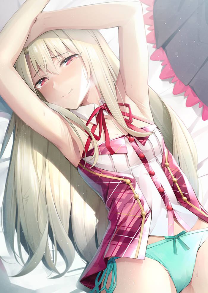 1girl armpits arms_up bangs bare_arms bare_shoulders blue_panties buttons closed_mouth commentary_request cowboy_shot detached_collar eyebrows_visible_through_hair fate/kaleid_liner_prisma_illya fate_(series) hair_between_eyes half-closed_eyes illyasviel_von_einzbern long_hair looking_at_viewer lying neck_ribbon no_pants on_back panties pillow red_eyes red_neckwear ribbon shirt side-tie_panties silver_hair smile solo sweat umihotaru_harumare underwear white_shirt