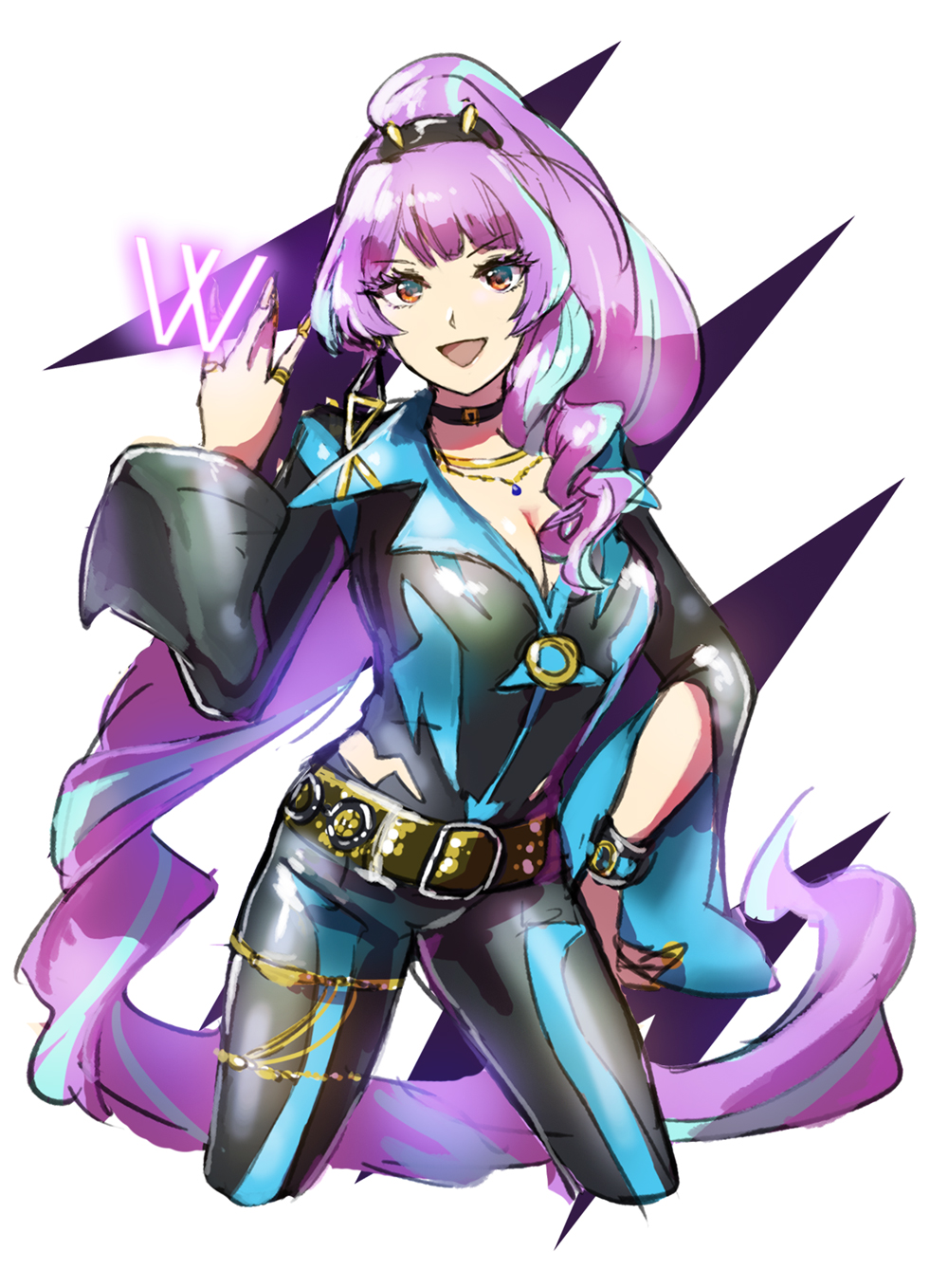 1girl :d absurdly_long_hair black_bodysuit bodysuit bracelet breasts choker cleavage collarbone cropped_legs floating_hair highlights highres jewelry large_breasts long_hair long_sleeves looking_at_viewer macross macross_delta mikumo_guynemer multicolored_hair necklace open_mouth ponytail purple_hair red_eyes ring shimatani_azu shiny shiny_hair smile solo standing very_long_hair w white_background