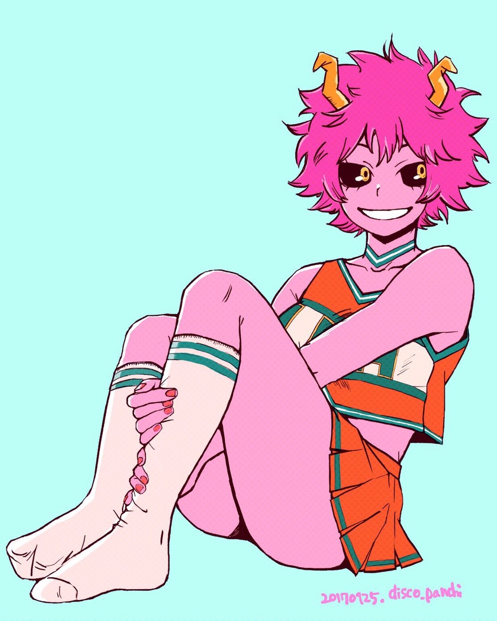 1girl artist_name ashido_mina black_sclera blue_background boku_no_hero_academia cheerleader dated disco_panchi grin highres horns pink_hair pink_skin pleated_skirt short_hair simple_background skirt smile socks solo yellow_eyes