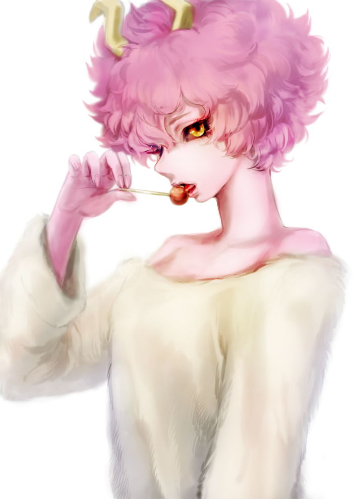 1girl ashido_mina bare_shoulders black_sclera boku_no_hero_academia candy food horns lollipop long_sleeves looking_at_viewer minami-mi pink_hair pink_skin short_hair simple_background solo sweater white_background white_sweater yellow_eyes