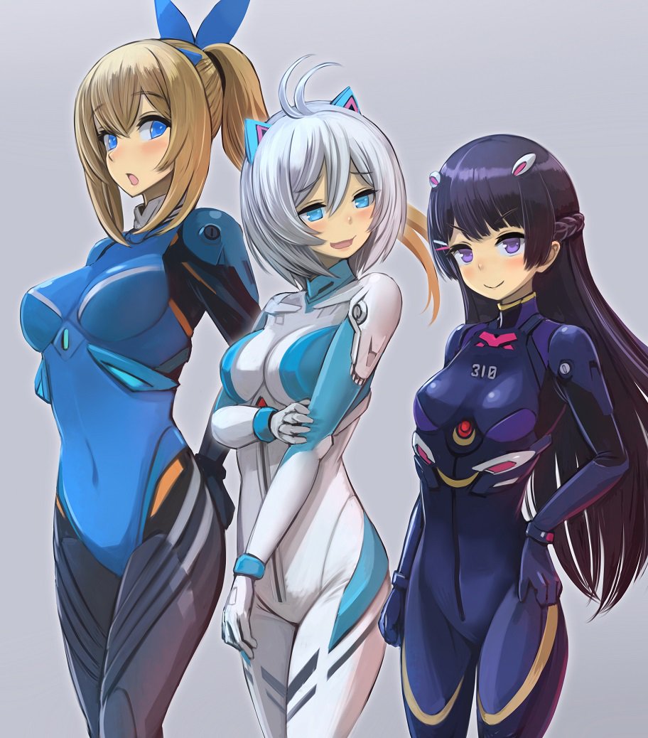 3girls :o ahoge black_hair blonde_hair blue_eyes blush breasts closed_mouth covered_navel dennou_shoujo_youtuber_shiro enumiyan eyebrows_visible_through_hair grey_background hair_between_eyes hair_ornament hairclip hand_on_hip height_difference large_breasts long_hair looking_at_another looking_at_viewer medium_breasts mirai_akari mirai_akari_project multiple_girls neon_genesis_evangelion nijisanji open_mouth plugsuit ponytail shiro_(dennou_shoujo_youtuber_shiro) short_hair simple_background smile standing tsukino_mito violet_eyes virtual_youtuber white_hair