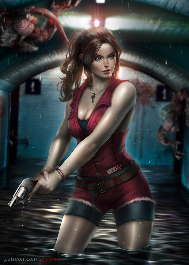 1girl ayya_saparniyazova belt bike_shorts blue_eyes blush brain breasts brown_hair claire_redfield denim fingerless_gloves gloves gun handgun long_hair looking_at_viewer monster ponytail resident_evil resident_evil_2 shorts solo water weapon