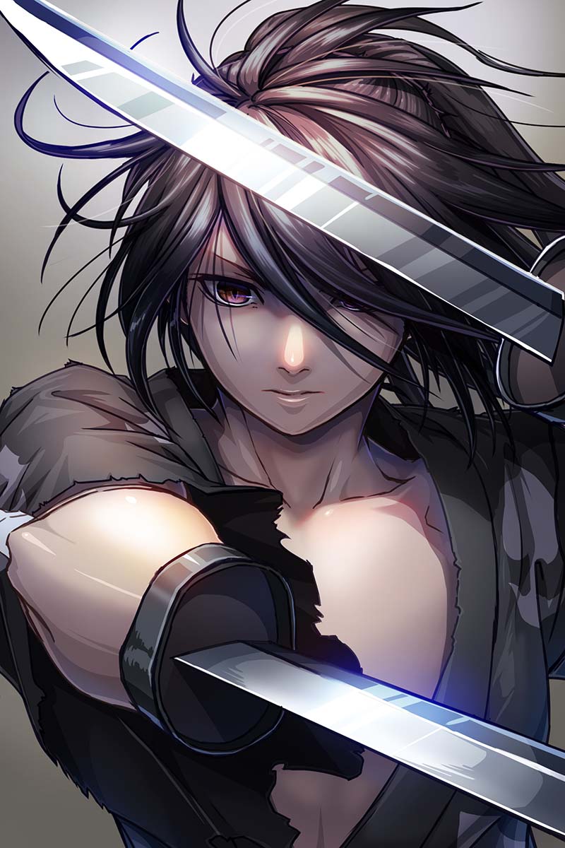 1boy arm_blade black_hair closed_mouth dororo_(tezuka) dual_wielding highres holding hyakkimaru_(dororo) japanese_clothes long_hair maeba_izumi male_focus ponytail red_eyes simple_background sword weapon