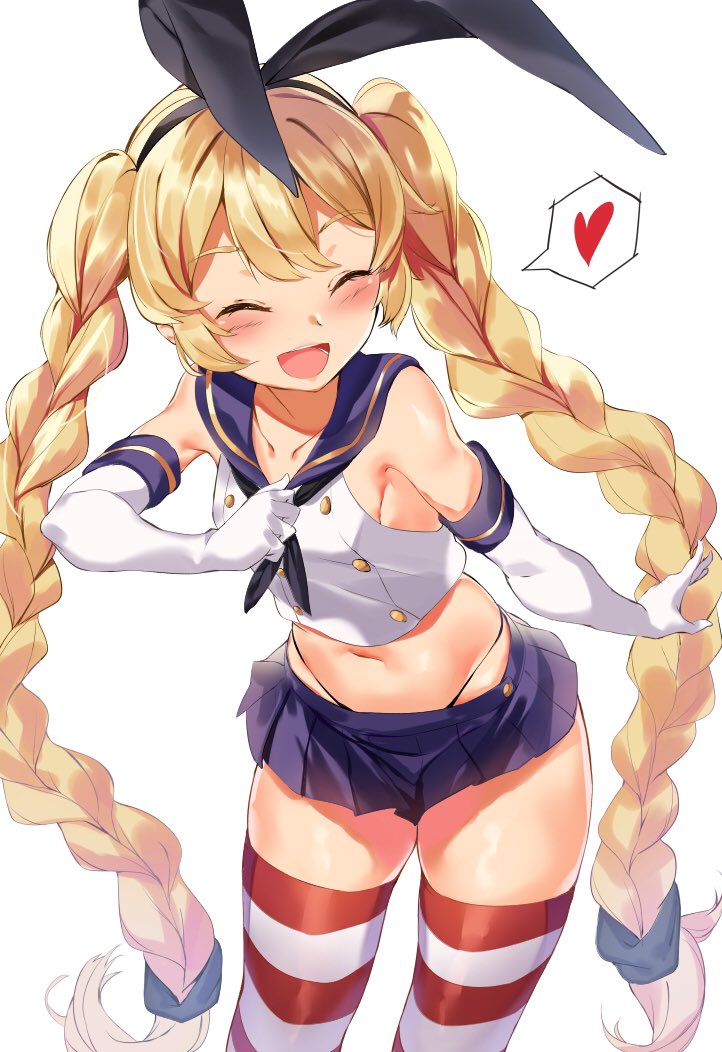 1girl black_panties blonde_hair blue_sailor_collar blue_skirt braid closed_eyes commentary_request cosplay cowboy_shot crop_top elbow_gloves girls_frontline gloves hairband heart highleg highleg_panties kantai_collection long_hair miniskirt open_mouth panties pooor sailor_collar shimakaze_(kantai_collection) shimakaze_(kantai_collection)_(cosplay) simple_background skirt smile solo spoken_heart sr-3mp_(girls_frontline) standing striped striped_legwear thigh-highs twin_braids underwear very_long_hair white_background white_gloves white_hairband