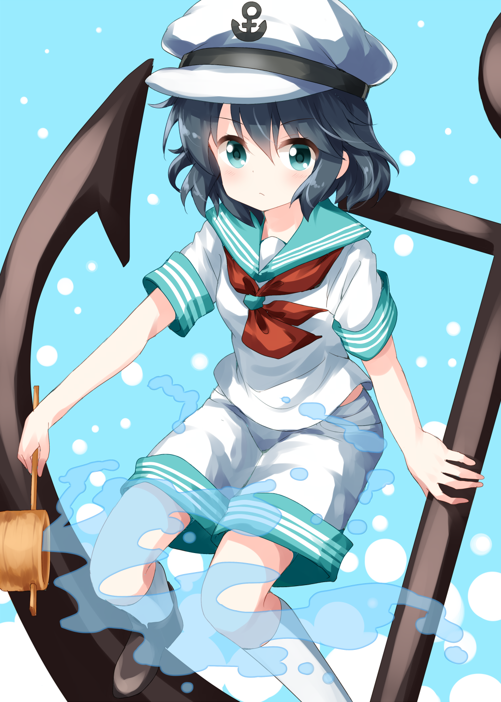 1girl anchor anchor_symbol aqua_eyes bangs black_hair blue_background blush breasts commentary_request eyebrows_visible_through_hair feet_out_of_frame hair_between_eyes hat highres hishaku holding kneehighs looking_at_viewer murasa_minamitsu neckerchief peaked_cap red_neckwear ruu_(tksymkw) sailor_collar sailor_hat sailor_shirt shirt short_hair short_sleeves shorts small_breasts solo touhou white_hat white_legwear white_shorts