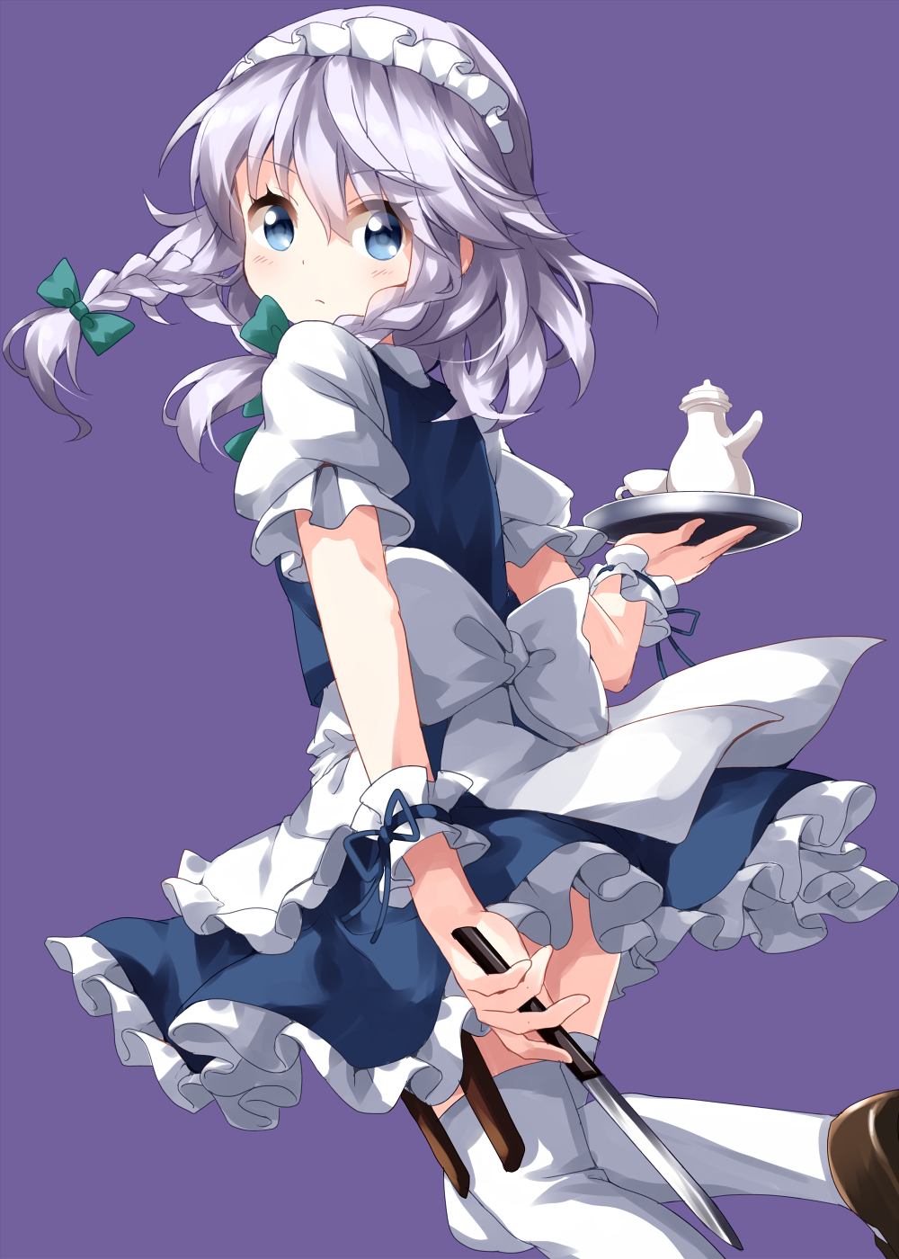 1girl apron bangs blue_dress blue_eyes blush bow braid brown_footwear commentary_request cup dress eyebrows_visible_through_hair feet_out_of_frame frilled_apron frills green_bow hair_between_eyes hair_bow highres holding holding_knife holding_tray holding_weapon izayoi_sakuya knife maid maid_apron maid_headdress petticoat puffy_short_sleeves puffy_sleeves purple_background ruu_(tksymkw) shirt shoes short_hair short_sleeves silver_hair simple_background solo teacup teapot thigh-highs thigh_strap thighs touhou tray twin_braids waist_apron weapon white_apron white_legwear white_shirt zettai_ryouiki