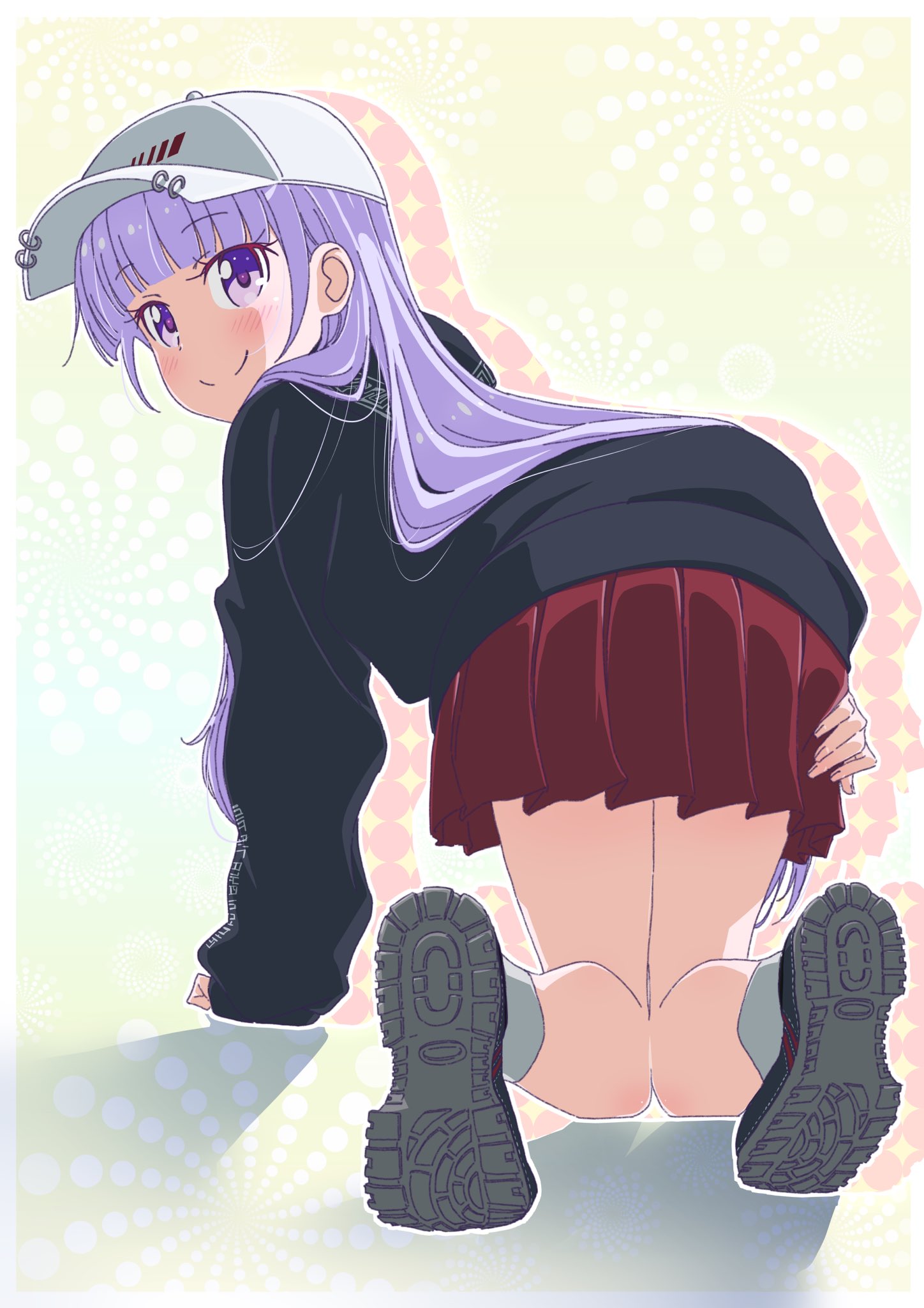 1girl all_fours bangs black_sweater blunt_bangs blush eyebrows_visible_through_hair full_body grey_legwear hat highres long_hair long_sleeves looking_at_viewer looking_back miniskirt new_game! peaked_cap pink_x pleated_skirt purple_hair red_skirt shiny shiny_hair shoes skirt smile sneakers solo suzukaze_aoba sweater very_long_hair violet_eyes white_hat