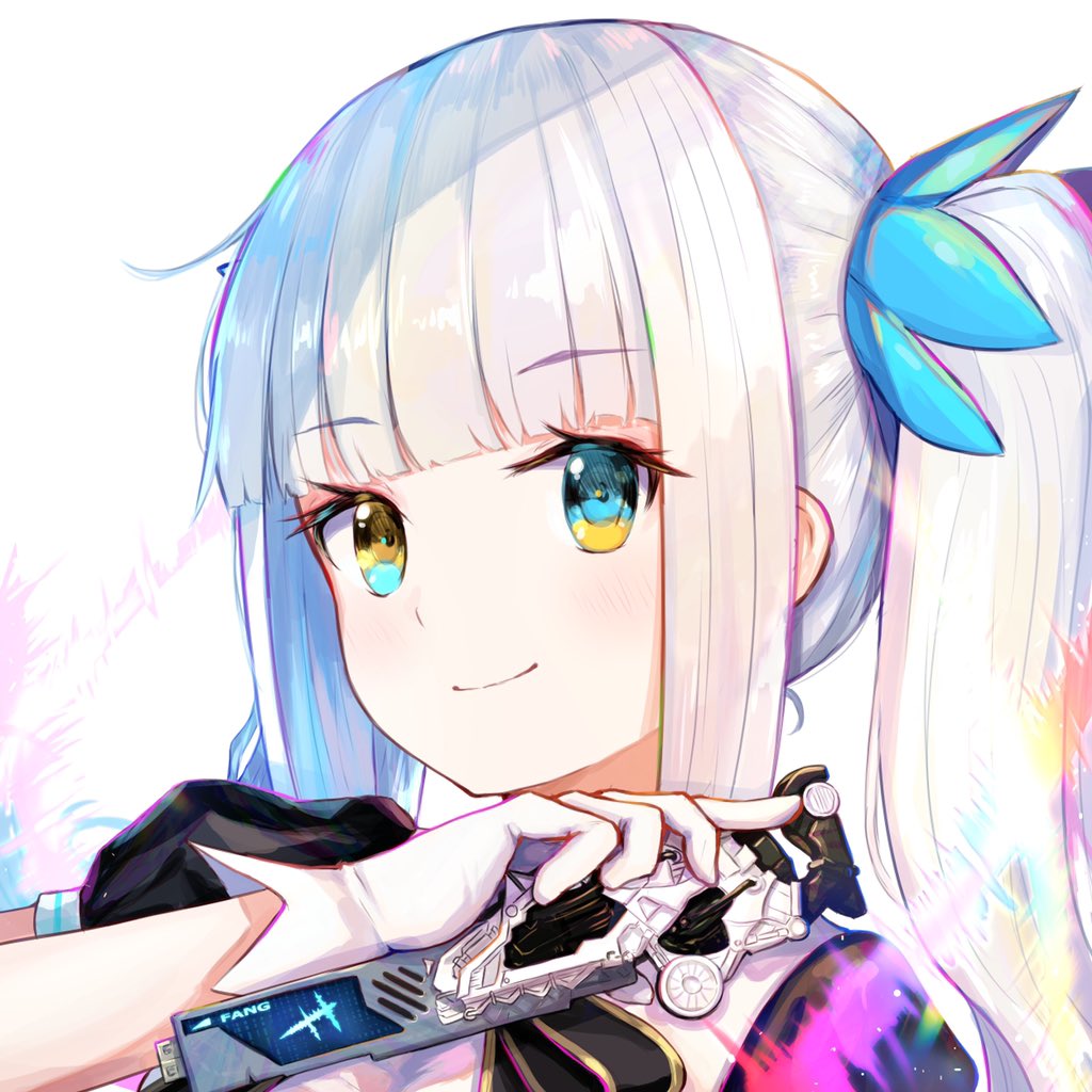 1girl black_hat blue_eyes eyebrows_visible_through_hair gloves hat heterochromia kagura_mea kagura_mea_channel long_hair puffy_short_sleeves puffy_sleeves ruarua13329135 short_sleeves twintails virtual_youtuber white_gloves white_hair yellow_eyes