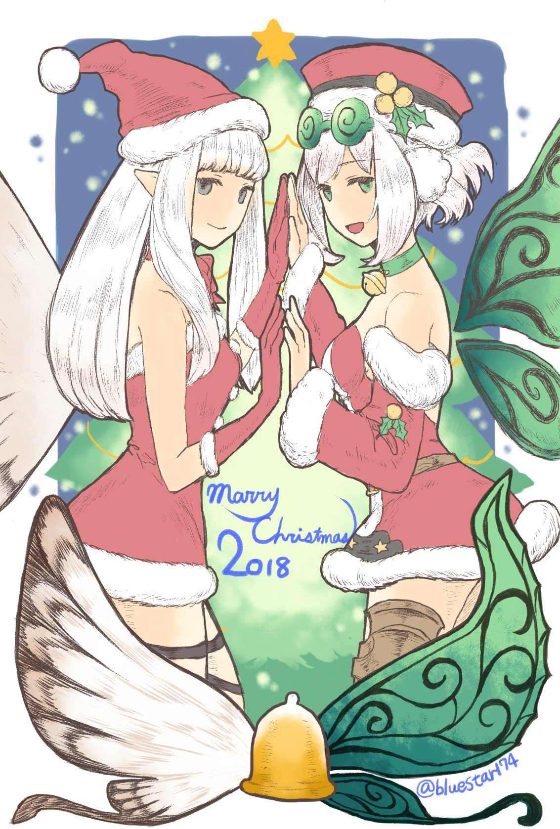 2018 2girls aerie_(bravely_default) artist_name bare_shoulders belt bluestar bravely_default:_fairy's_effect bravely_default:_flying_fairy bravely_default_(series) breasts brown_legwear christmas commentary_request dress eyewear_on_head fairy fairy_wings from_side fur_trim glasses gloves green_eyes grey_eyes hands_together hat highres long_hair looking_at_viewer merry_christmas multiple_girls open_mouth pointy_ears red_dress red_gloves rinne_(bravely_default) santa_dress santa_hat short_dress short_hair sketch small_breasts smile strapless strapless_dress thigh-highs thigh_strap white_hair wings