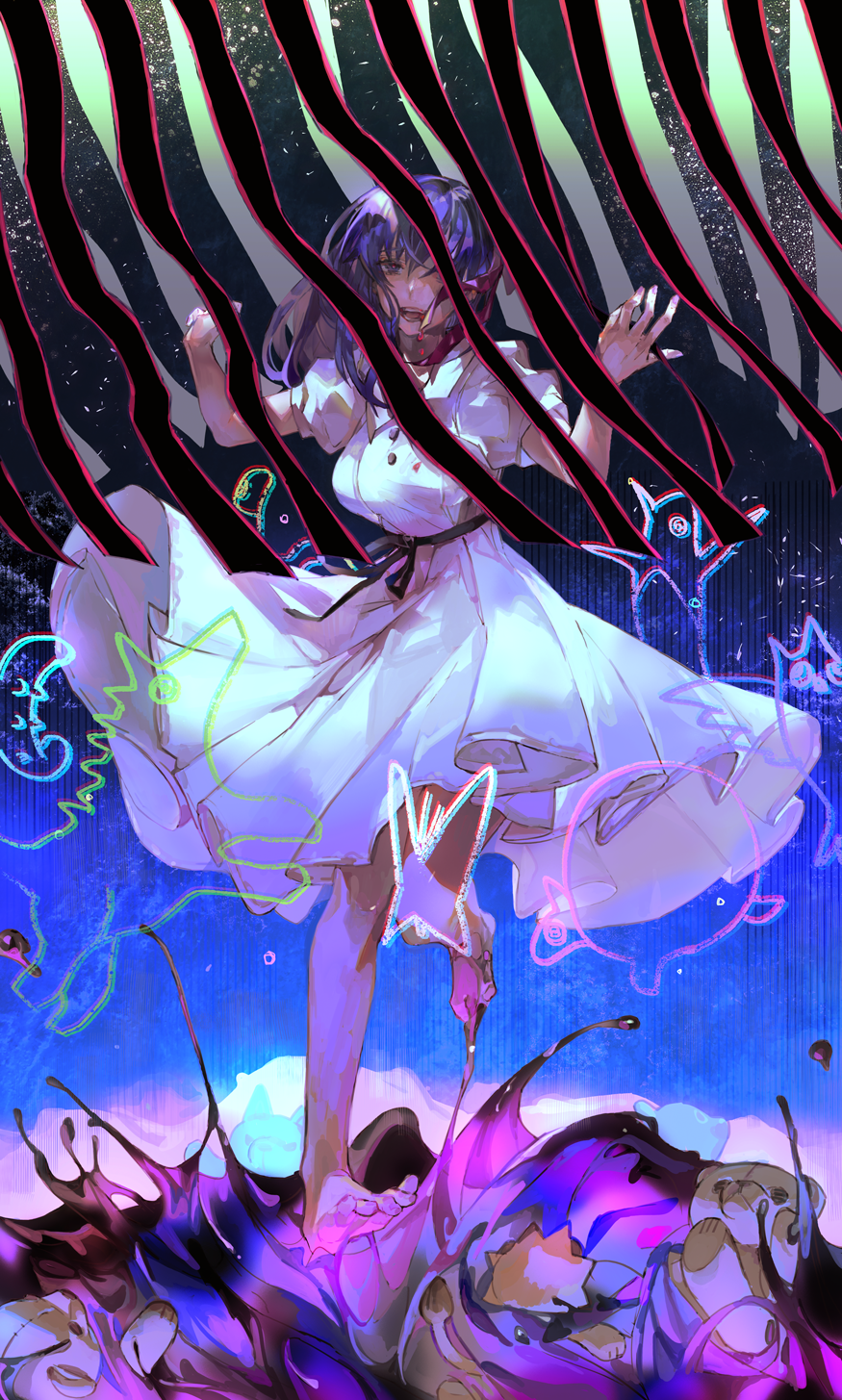 1girl barefoot blood blood_from_mouth collared_dress commentary dress fate/stay_night fate_(series) hair_over_one_eye hair_ribbon heaven's_feel highres kibadori_rue long_hair matou_sakura open_mouth puffy_short_sleeves puffy_sleeves purple_hair ribbon short_sleeves smile solo violet_eyes