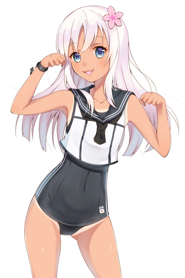 1girl :d black_neckwear black_sailor_collar black_swimsuit blue_eyes bracelet collarbone contrapposto covered_navel cowboy_shot crop_top eyebrows_visible_through_hair floating_hair flower hair_flower hair_ornament jewelry kantai_collection long_hair looking_at_viewer open_mouth pink_flower ro-500_(kantai_collection) sailor_collar school_swimsuit shiny shiny_hair shiny_skin shirt silver_hair simple_background sleeveless sleeveless_shirt smile solo standing swimsuit tan white_background white_shirt you06