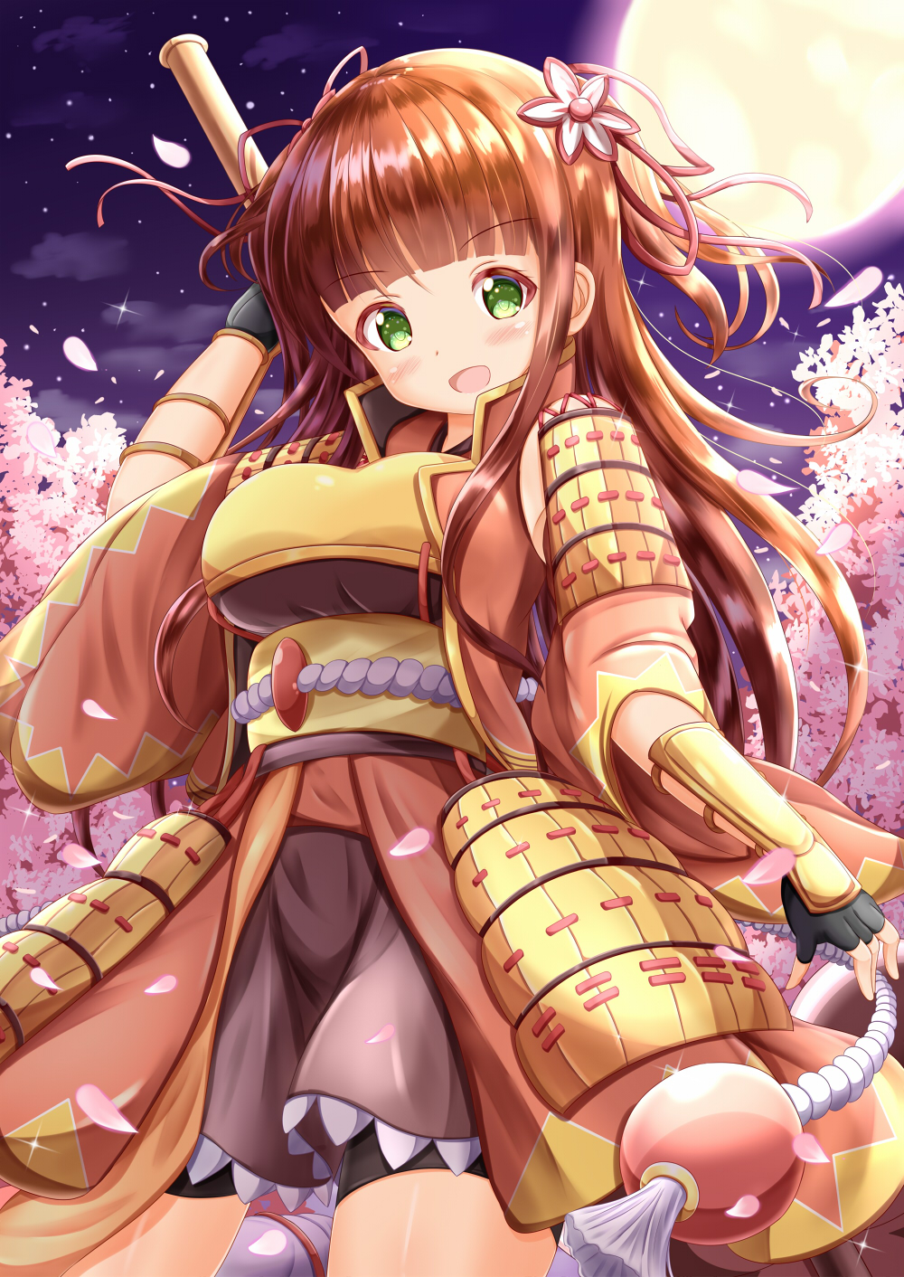 1girl :d arm_up armor bangs bike_shorts black_gloves black_shorts blunt_bangs blush breasts brown_hair brown_jacket brown_skirt clouds commentary_request cowboy_shot eyebrows_visible_through_hair fingerless_gloves full_moon gloves gochuumon_wa_usagi_desu_ka? green_eyes hair_ornament hair_ribbon head_tilt highres jacket japanese_armor large_breasts long_hair moon night night_sky obi open_clothes open_jacket open_mouth outdoors petals princess_connect! princess_connect!_re:dive red_ribbon ribbon sash short_shorts shorts shorts_under_skirt skirt sky sleeveless_jacket smile solo star_(sky) starry_sky two_side_up ujimatsu_chiya vambraces very_long_hair zenon_(for_achieve)