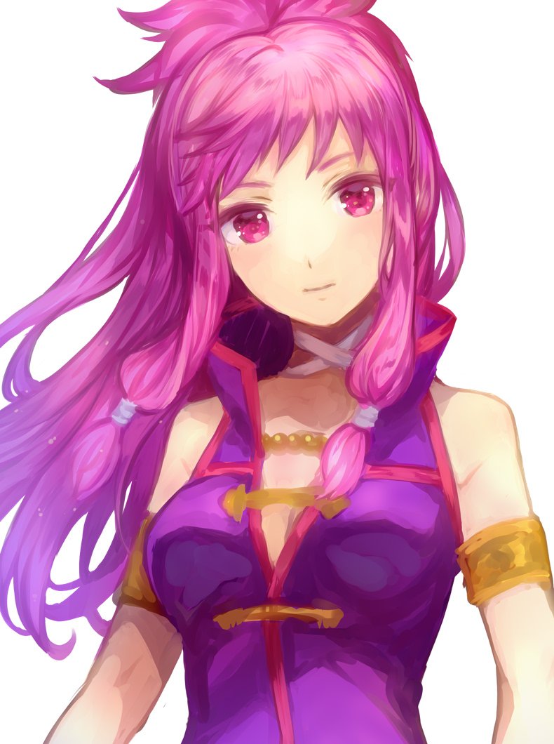 1girl armlet bare_shoulders closed_mouth fire_emblem fire_emblem:_seima_no_kouseki jurge long_hair marica_(fire_emblem) nintendo purple_hair simple_background sleeveless solo upper_body violet_eyes white_background