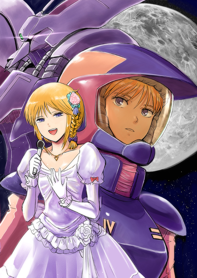 2girls :d blonde_hair bow braid character_request collarbone dress earrings elbow_gloves flower gacha-m gloves gundam gundam_zz hair_bow hair_flower hair_ornament hair_ribbon holding holding_microphone jewelry looking_at_viewer microphone moon multiple_girls necklace open_mouth pilot_suit pink_flower pink_rose purple_bow ribbon rose short_hair short_sleeves shoulder_armor sky smile star_(sky) starry_sky striped striped_ribbon white_dress white_gloves