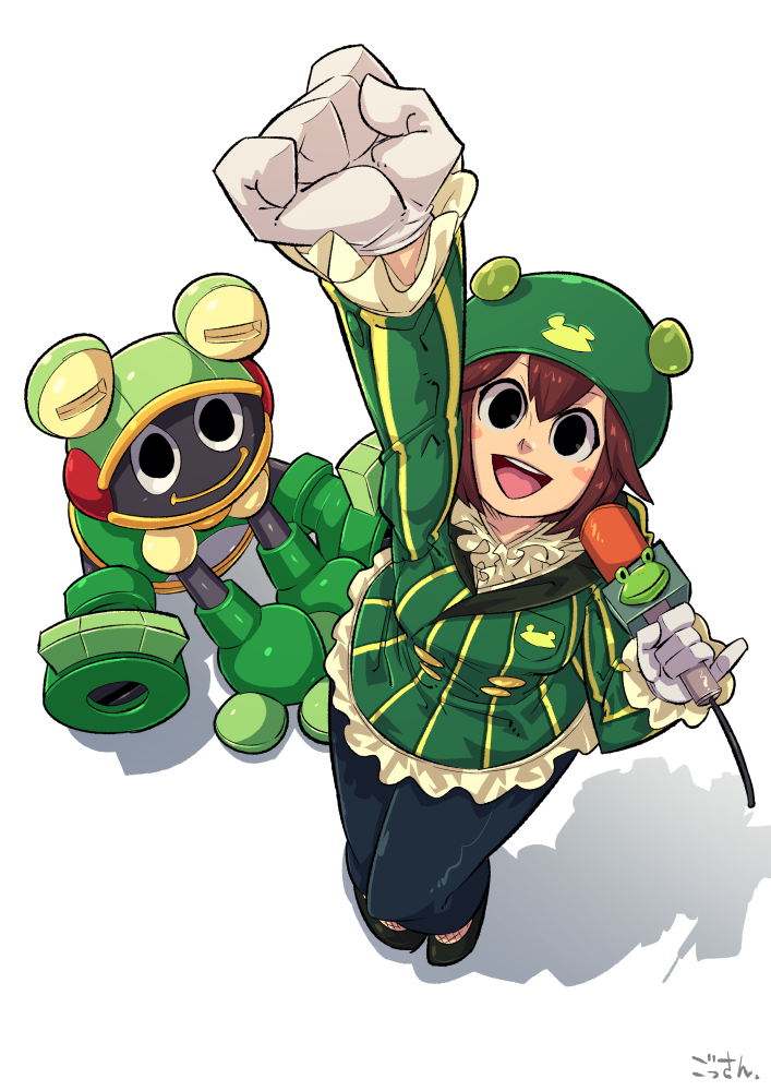 1girl arm_up black_eyes blush blush_stickers brown_hair capcom coat frog from_above full_body gloves green_coat hair_between_eyes hat holding holding_microphone microphone midorikawa_kero netnavi occultgarage53 open_mouth pinky_out rockman rockman_exe short_hair simple_background smile toadman.exe white_background white_gloves