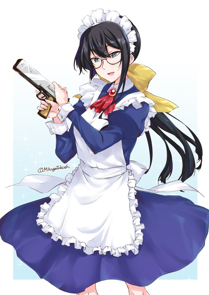 1girl alternate_costume alternate_hairstyle andou_mahoro andou_mahoro_(cosplay) apron black_hair blue_dress bow commentary_request cosplay cowboy_shot dress enmaided frilled_apron frills green_eyes gun kantai_collection kawasumi_ayako long_hair low_ponytail mahoromatic maid maid_headdress mikage_takashi ooyodo_(kantai_collection) open_mouth seiyuu_connection semi-rimless_eyewear solo under-rim_eyewear weapon weapon_request white_apron yellow_bow