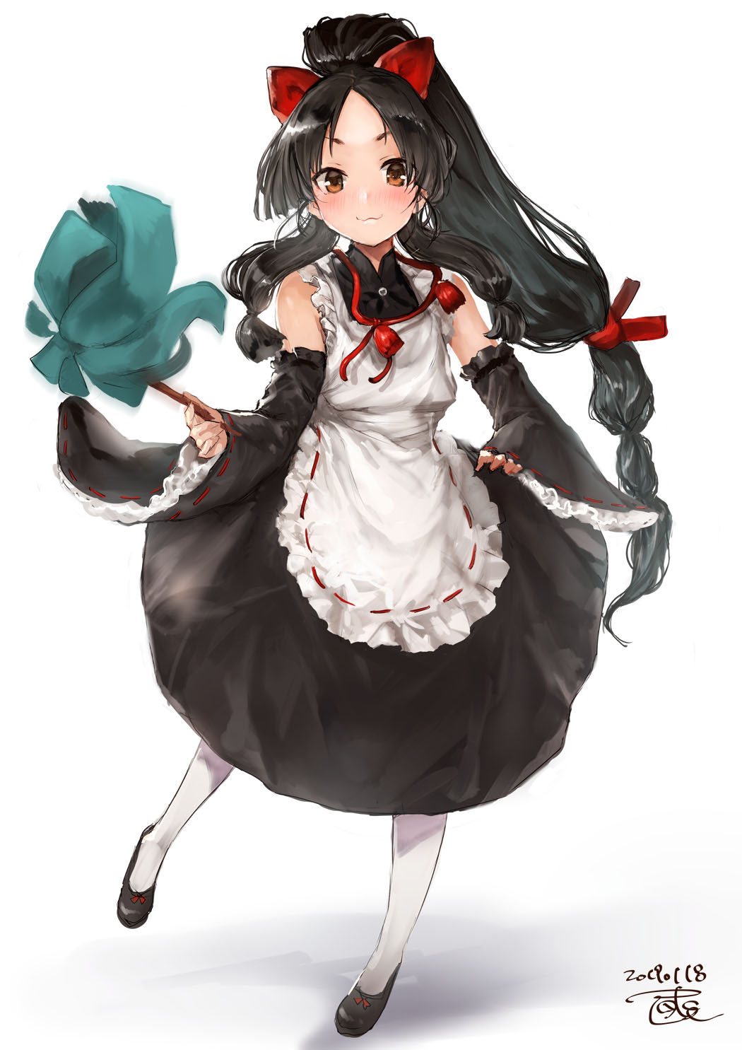1girl :3 alternate_costume apron bangs bare_shoulders black_dress black_footwear black_hair blush brown_eyes closed_mouth commentary_request detached_sleeves dress duster enmaided frilled_apron frilled_sleeves frills full_body hair_ribbon highres holding kantai_collection loafers long_hair long_sleeves looking_at_viewer maid maid_apron nisshin_(kantai_collection) parted_bangs ponytail red_neckwear red_ribbon ribbon ribbon-trimmed_sleeves ribbon_trim shadow shoes signature simple_background sleeves_past_wrists smile solo standing standing_on_one_leg toka_(marchlizard) v-shaped_eyebrows very_long_hair white_apron white_background white_legwear wide_sleeves