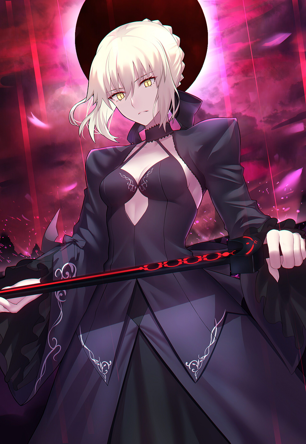 1girl ahoge artoria_pendragon_(all) bangs black_dress black_ribbon blonde_hair braid breasts cleavage dark_excalibur dress eclipse fate/stay_night fate_(series) french_braid hair_between_eyes hair_ribbon highres juliet_sleeves long_hair long_sleeves looking_at_viewer pale_skin puffy_sleeves ribbon saber_alter shiguru slit_pupils small_breasts solo yellow_eyes