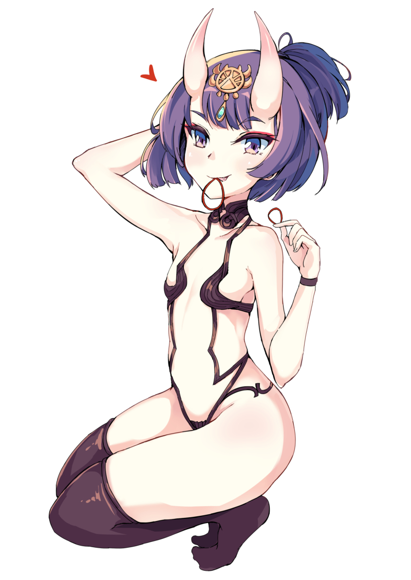 1girl arm_up bangs bare_shoulders blush breasts brown_legwear collarbone eyebrows_visible_through_hair fang fate/grand_order fate_(series) fingernails full_body hair_tie hair_tie_in_mouth hand_behind_head headpiece heart high_ponytail horns looking_at_viewer mouth_hold nakatokung no_shoes oni oni_horns parted_lips ponytail purple_hair revealing_clothes shuten_douji_(fate/grand_order) simple_background small_breasts solo squatting thigh-highs violet_eyes white_background