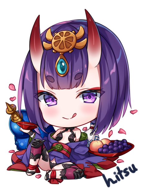 1girl alcohol bare_shoulders blush chibi closed_mouth commentary cup fate/grand_order fate_(series) food fruit full_body gourd grapes headpiece hitsukuya holding holding_cup horns japanese_clothes kimono licking_lips long_sleeves looking_at_viewer obi off_shoulder oni oni_horns peach petals purple_hair purple_kimono sakazuki sake sash short_eyebrows short_hair shuten_douji_(fate/grand_order) signature simple_background smile solo stirrup_legwear symbol_commentary thick_eyebrows toeless_legwear tongue tongue_out violet_eyes white_background wide_sleeves