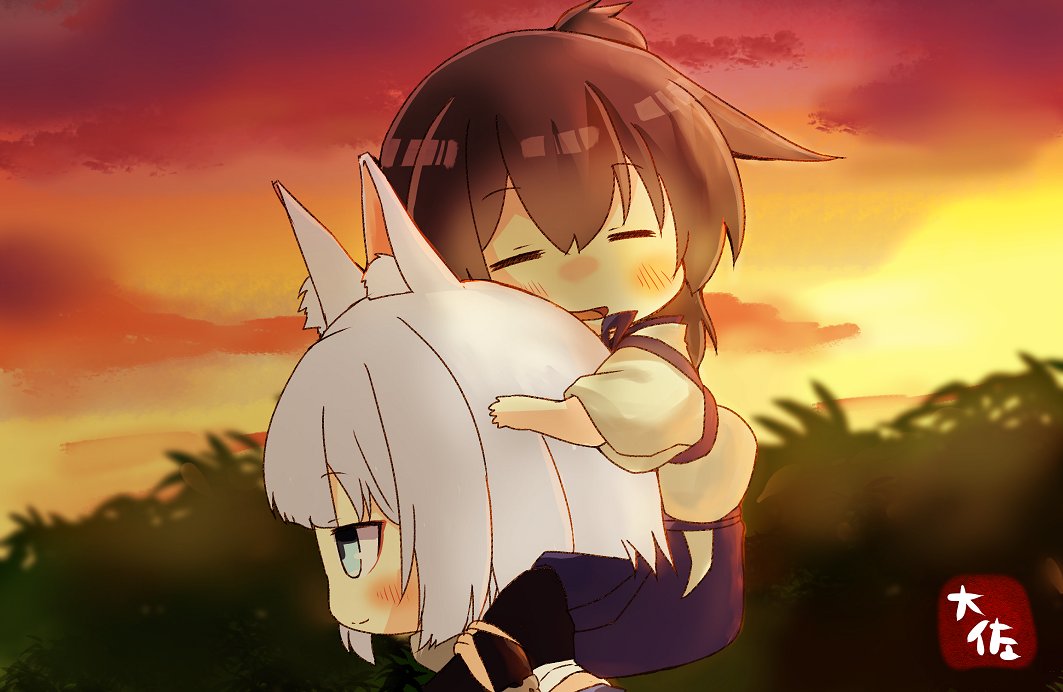 2girls animal_ears artist_name azur_lane bangs blue_eyes blush brown_hair carrying carrying_over_shoulder chibi closed_eyes crossover evening eyebrows_visible_through_hair fox_ears hakama hakama_skirt japanese_clothes kaga_(azur_lane) kaga_(kantai_collection) kantai_collection makeup multiple_girls open_mouth outdoors ponytail short_hair side_ponytail smile sunset taisa_(kari) tasuki white_hair