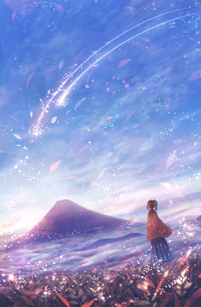 1girl ahoge blue_sky brown_hair clouds cloudy_sky commentary_request day dress dutch_angle facing_away fantasy flower long_hair magic mountain original outdoors ponytail sakimori_(hououbds) scenery shooting_star sidelocks sky solo standing wide_shot