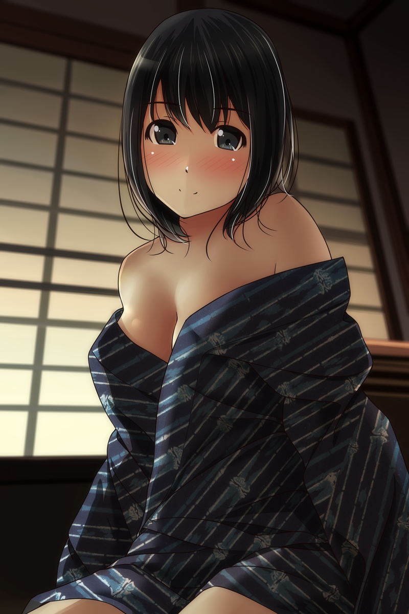 1girl bangs bare_shoulders black_hair blue_kimono blurry blurry_background blush breasts brown_eyes closed_mouth commentary_request depth_of_field diagonal_stripes eyebrows_visible_through_hair hair_between_eyes highres indoors japanese_clothes kimono matsunaga_kouyou nose_blush off_shoulder original small_breasts smile solo striped striped_kimono